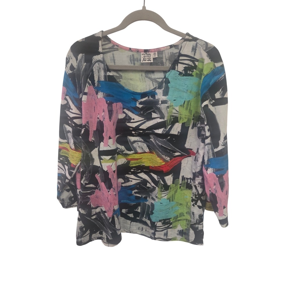 Parsley & Sage Women XL Abstract Art Print Scoop Neck Slub Knit Top Multi Color